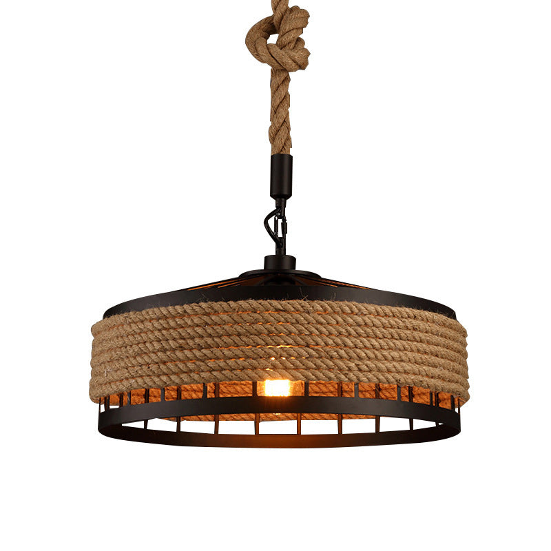 Hemp Rope Yurt Hanging Light Rustic 1 Bulb Restaurant Pendant Light Fixture in Black Black Clearhalo 'Ceiling Lights' 'Industrial Pendants' 'Industrial' 'Middle Century Pendants' 'Pendant Lights' 'Pendants' 'Tiffany' Lighting' 2227839_528b6ea1-7012-4ee6-afeb-6c4ee2d6cc59