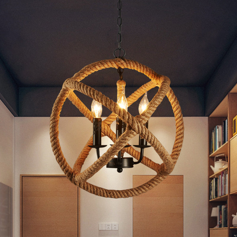 Hemp Rope Flaxen Suspension Lighting Sphere 3 Bulbs Retro Style Pendant Ceiling Light with Metallic Candle Clearhalo 'Ceiling Lights' 'Industrial Pendants' 'Industrial' 'Middle Century Pendants' 'Pendant Lights' 'Pendants' 'Tiffany' Lighting' 2227850