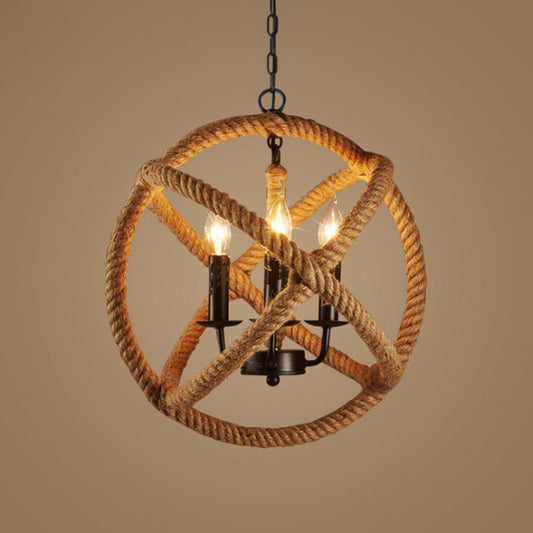 Hemp Rope Flaxen Suspension Lighting Sphere 3 Bulbs Retro Style Pendant Ceiling Light with Metallic Candle Flaxen Clearhalo 'Ceiling Lights' 'Industrial Pendants' 'Industrial' 'Middle Century Pendants' 'Pendant Lights' 'Pendants' 'Tiffany' Lighting' 2227851