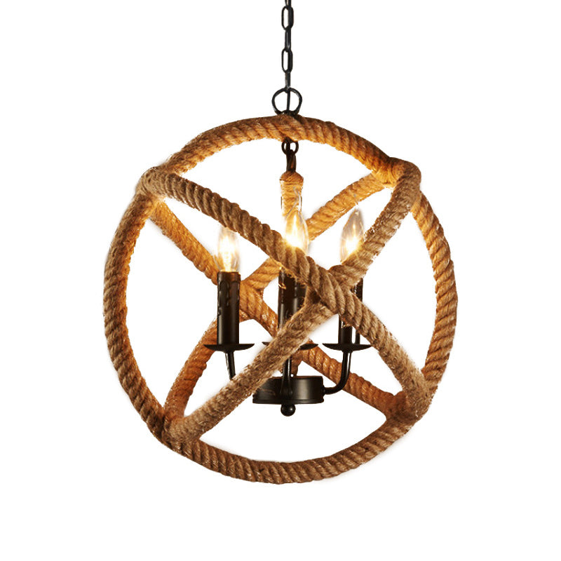 Hemp Rope Flaxen Suspension Lighting Sphere 3 Bulbs Retro Style Pendant Ceiling Light with Metallic Candle Clearhalo 'Ceiling Lights' 'Industrial Pendants' 'Industrial' 'Middle Century Pendants' 'Pendant Lights' 'Pendants' 'Tiffany' Lighting' 2227854