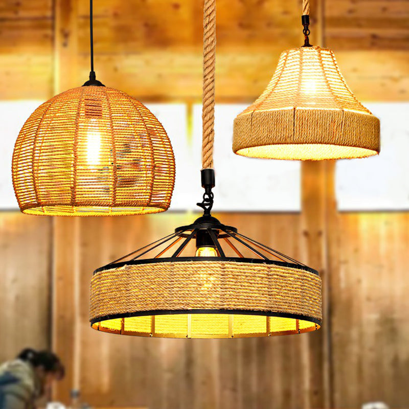 Hemp Rope Shaded Hanging Light Rustic 1 Bulb Restaurant Pendant Light Fixture in Brown Clearhalo 'Ceiling Lights' 'Lighting' 'Pendant Lights' 2227860_fce8b857-a9a9-417e-be18-d40e951b2330