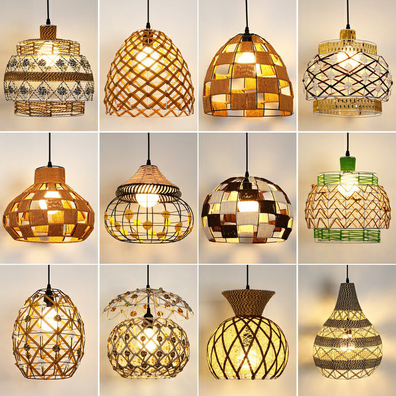 Hemp Rope Shaded Pendant Light Antique 1-Light Restaurant Hanging Light Fixture in Brown Clearhalo 'Ceiling Lights' 'Industrial Pendants' 'Industrial' 'Middle Century Pendants' 'Pendant Lights' 'Pendants' 'Tiffany' Lighting' 2227918