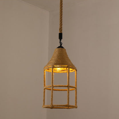 Hemp Rope Caged Hanging Light Vintage Single-Bulb Restaurant Lighting Pendant in Brown Brown E Clearhalo 'Ceiling Lights' 'Industrial Pendants' 'Industrial' 'Middle Century Pendants' 'Pendant Lights' 'Pendants' 'Tiffany' Lighting' 2227958