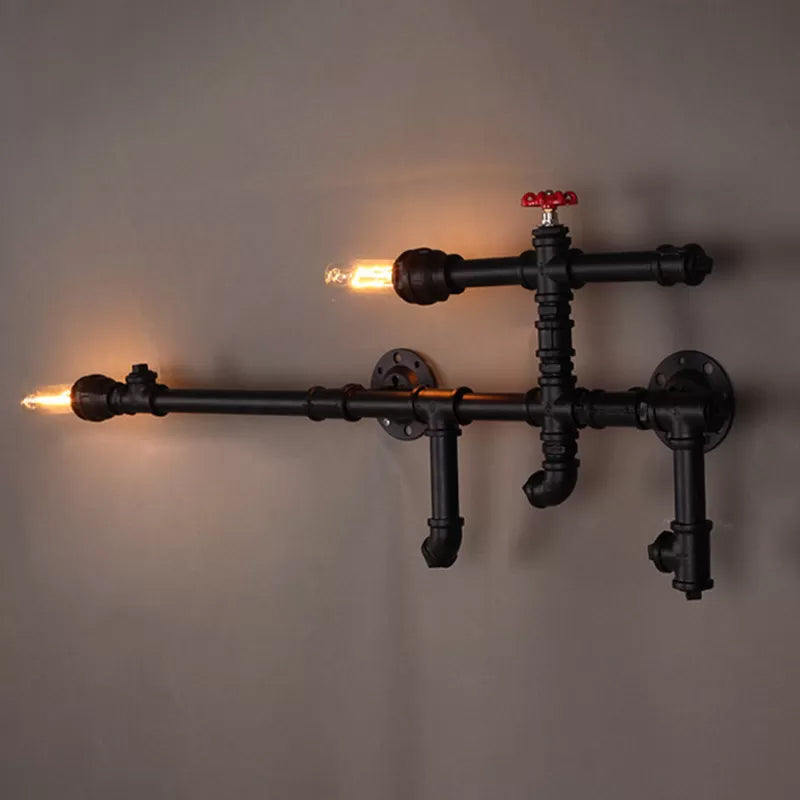 Pipe Arm Iron Wall Light Fixture Vintage 2 Heads Restaurant Wall Mounted Lamp in Black Black Clearhalo 'Art deco wall lights' 'Cast Iron' 'Glass' 'Industrial wall lights' 'Industrial' 'Middle century wall lights' 'Modern' 'Rustic wall lights' 'Tiffany' 'Traditional wall lights' 'Wall Lamps & Sconces' 'Wall Lights' Lighting' 2228526