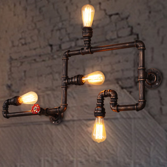 Iron Water Pipe Wall Light Fixture Vintage 4-Light Restaurant Wall Mount Light with Valve Handle in Rust Clearhalo 'Art deco wall lights' 'Cast Iron' 'Glass' 'Industrial wall lights' 'Industrial' 'Middle century wall lights' 'Modern' 'Rustic wall lights' 'Tiffany' 'Traditional wall lights' 'Wall Lamps & Sconces' 'Wall Lights' Lighting' 2228531