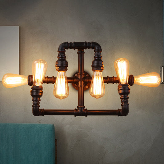 Antique Style Pipe Wall Lighting 6 Heads Iron Wall Mount Light in Black for Restaurant Clearhalo 'Art deco wall lights' 'Cast Iron' 'Glass' 'Industrial wall lights' 'Industrial' 'Middle century wall lights' 'Modern' 'Rustic wall lights' 'Tiffany' 'Traditional wall lights' 'Wall Lamps & Sconces' 'Wall Lights' Lighting' 2228536