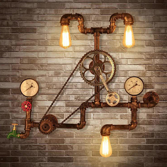 Bronze Pipe Wall Mount Light Industrial 3 Heads Restaurant Wall Light Fixture with Sprocket Chain Bronze Clearhalo 'Art deco wall lights' 'Cast Iron' 'Glass' 'Industrial wall lights' 'Industrial' 'Middle century wall lights' 'Modern' 'Rustic wall lights' 'Tiffany' 'Traditional wall lights' 'Wall Lamps & Sconces' 'Wall Lights' Lighting' 2228541