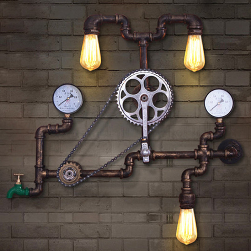 Bronze Pipe Wall Mount Light Industrial 3 Heads Restaurant Wall Light Fixture with Sprocket Chain Clearhalo 'Art deco wall lights' 'Cast Iron' 'Glass' 'Industrial wall lights' 'Industrial' 'Middle century wall lights' 'Modern' 'Rustic wall lights' 'Tiffany' 'Traditional wall lights' 'Wall Lamps & Sconces' 'Wall Lights' Lighting' 2228542