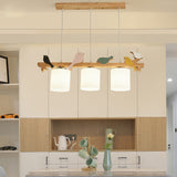 Cylindrical LED Hanging Lamp Simplicity Cream Glass Dining Room Island Chandelier Light with Wooden Bird Clearhalo 'Ceiling Lights' 'Island Lights' Lighting' 2228555