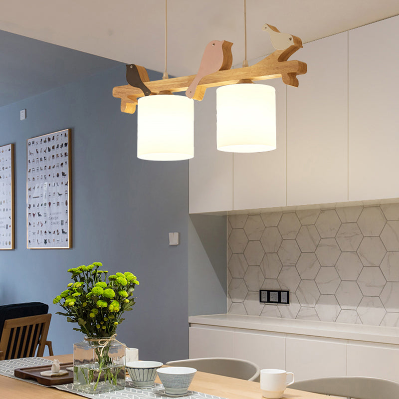 Cylindrical LED Hanging Lamp Simplicity Cream Glass Dining Room Island Chandelier Light with Wooden Bird 2 Wood Clearhalo 'Ceiling Lights' 'Island Lights' Lighting' 2228558