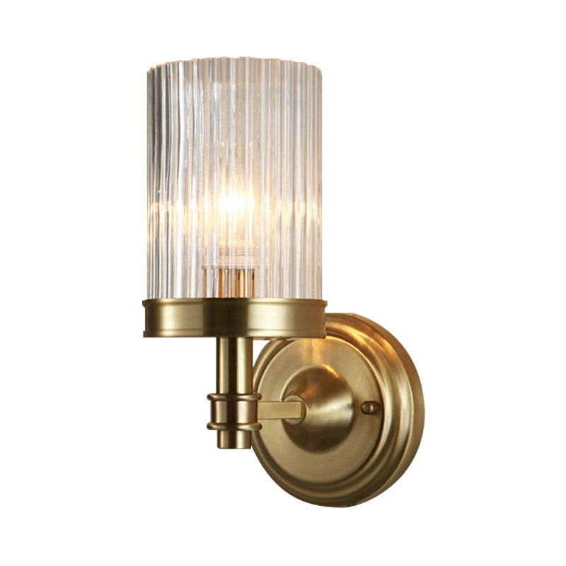 Cylinder Wall Lamp Vintage Stylish Clear Ribbed Glass 1 Bulb Black/Gold Finish Wall Sconce Fixture for Living Room Clearhalo 'Modern wall lights' 'Modern' 'Wall Lamps & Sconces' 'Wall Lights' Lighting' 222857