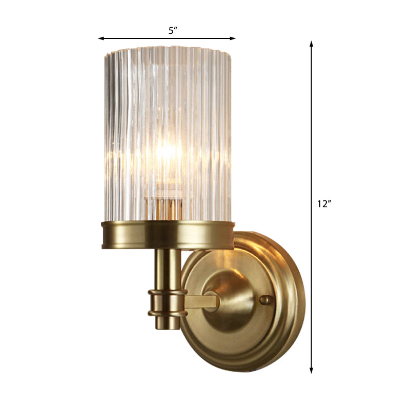 Cylinder Wall Lamp Vintage Stylish Clear Ribbed Glass 1 Bulb Black/Gold Finish Wall Sconce Fixture for Living Room Clearhalo 'Modern wall lights' 'Modern' 'Wall Lamps & Sconces' 'Wall Lights' Lighting' 222858