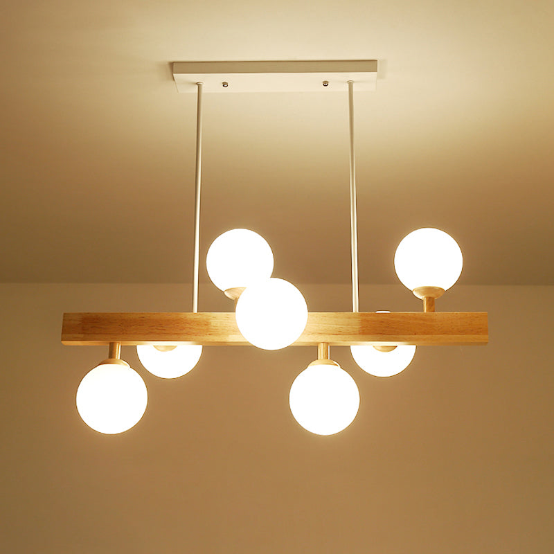Opal Glass Globe Hanging Lamp Simplicity 7 Heads Island Chandelier Light in Wood for Dining Room Clearhalo 'Ceiling Lights' 'Island Lights' Lighting' 2228591