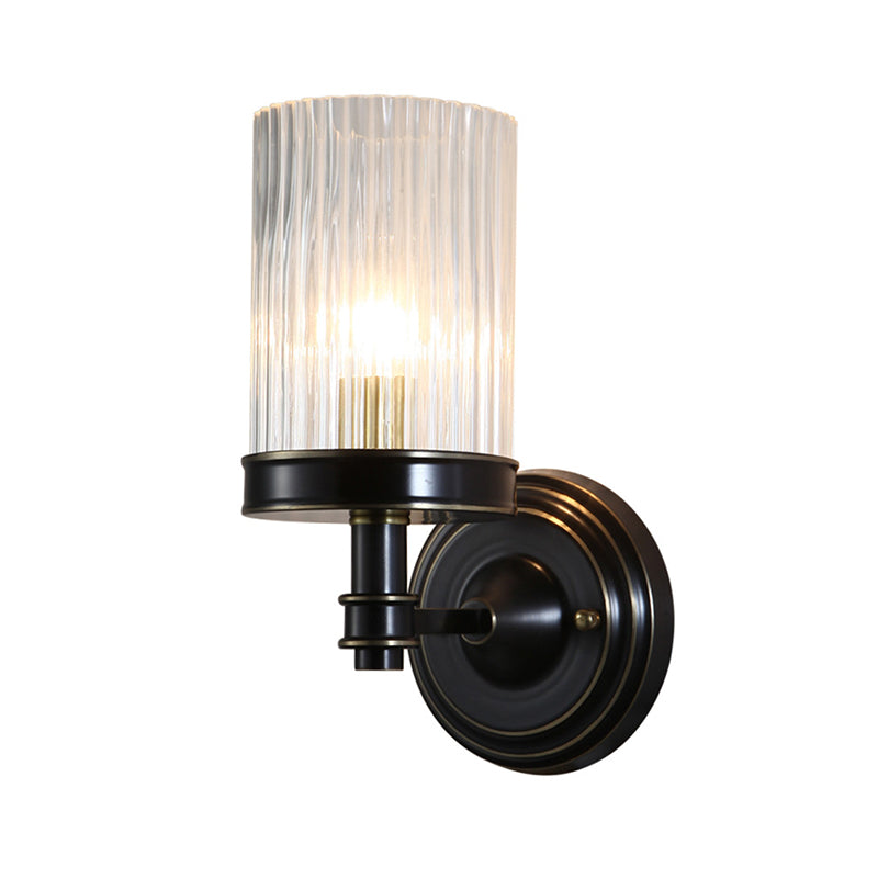 Cylinder Wall Lamp Vintage Stylish Clear Ribbed Glass 1 Bulb Black/Gold Finish Wall Sconce Fixture for Living Room Clearhalo 'Modern wall lights' 'Modern' 'Wall Lamps & Sconces' 'Wall Lights' Lighting' 222860