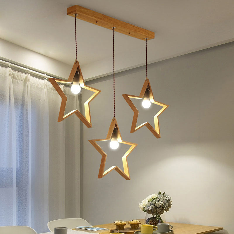 Wood Star Wire Frame Multi Suspension Lighting Nordic Style 3 Heads Pendant Ceiling Light Wood Clearhalo 'Ceiling Lights' 'Modern Pendants' 'Modern' 'Pendant Lights' 'Pendants' Lighting' 2228631