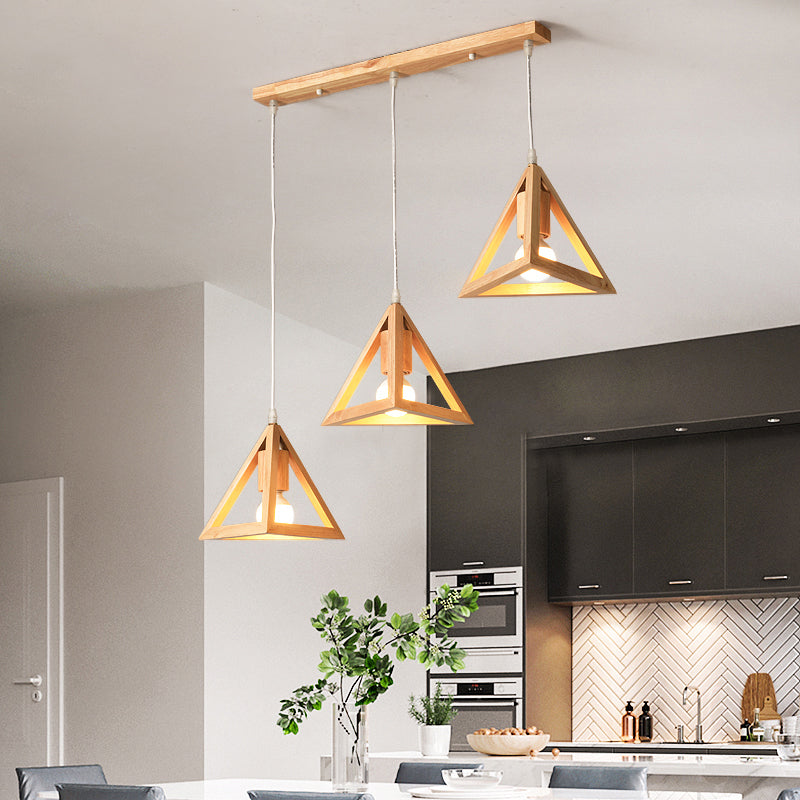 Geometric Dining Room Multi Ceiling Light Wood 3 Bulbs Minimalist Hanging Pendant Light Wood Triangle Linear Clearhalo 'Ceiling Lights' 'Modern Pendants' 'Modern' 'Pendant Lights' 'Pendants' Lighting' 2228636