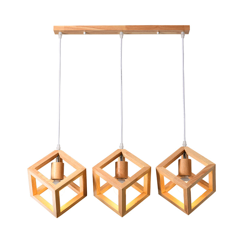Geometric Dining Room Multi Ceiling Light Wood 3 Bulbs Minimalist Hanging Pendant Light Wood Square Plate Linear Clearhalo 'Ceiling Lights' 'Modern Pendants' 'Modern' 'Pendant Lights' 'Pendants' Lighting' 2228638