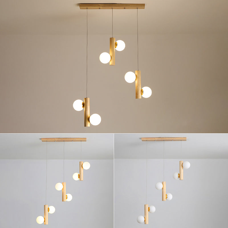 Contemporary Modo Suspension Light Cream Glass Dining Room Multi Light Pendant in Wood Clearhalo 'Ceiling Lights' 'Modern Pendants' 'Modern' 'Pendant Lights' 'Pendants' Lighting' 2228644