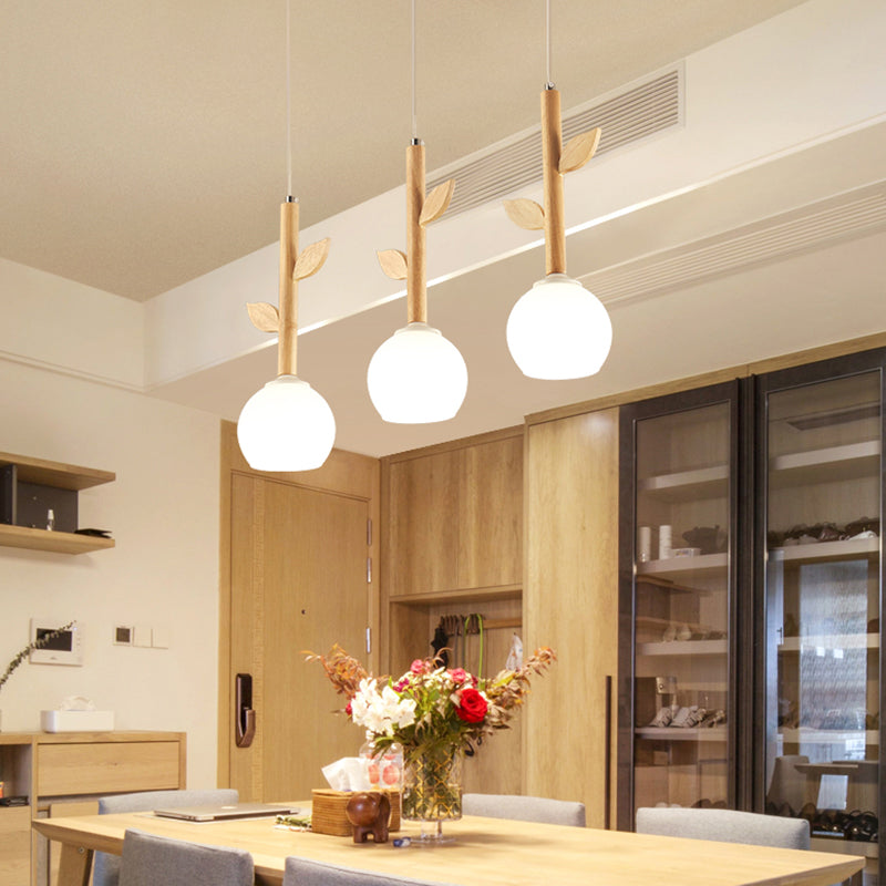 Branch Multi Light Pendant Modern Style Wood 3 Bulbs Restaurant Hanging Lighting with Globe Cream Glass Shade Wood Clearhalo 'Ceiling Lights' 'Modern Pendants' 'Modern' 'Pendant Lights' 'Pendants' Lighting' 2228645