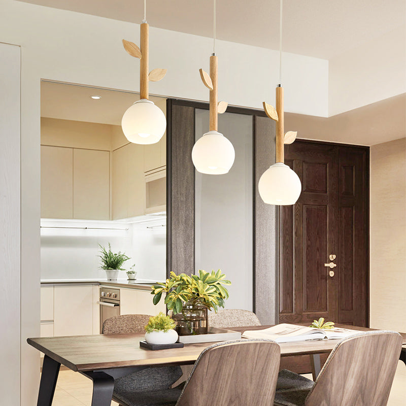 Branch Multi Light Pendant Modern Style Wood 3 Bulbs Restaurant Hanging Lighting with Globe Cream Glass Shade Clearhalo 'Ceiling Lights' 'Modern Pendants' 'Modern' 'Pendant Lights' 'Pendants' Lighting' 2228646