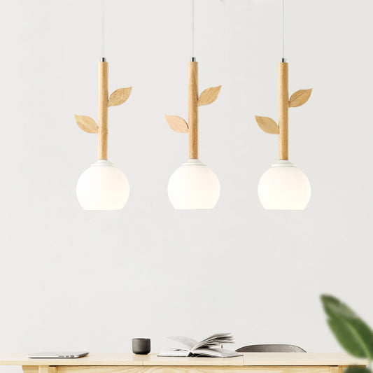Branch Multi Light Pendant Modern Style Wood 3 Bulbs Restaurant Hanging Lighting with Globe Cream Glass Shade Clearhalo 'Ceiling Lights' 'Modern Pendants' 'Modern' 'Pendant Lights' 'Pendants' Lighting' 2228648