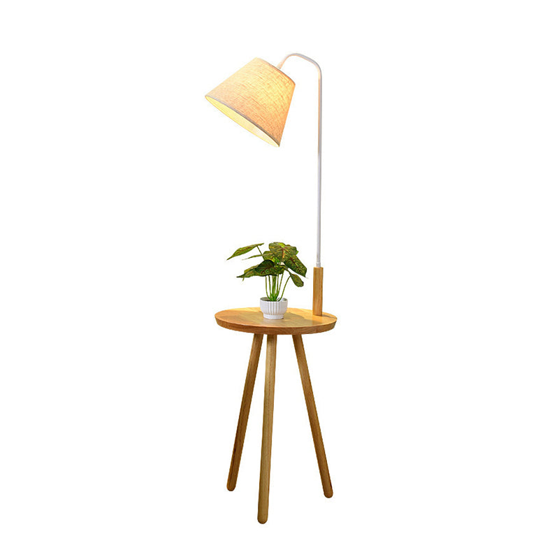 Tapered Living Room Stand Up Lamp Fabric Single-Bulb Nordic Floor Lighting with Wooden Tray in White Clearhalo 'Floor Lamps' 'Lamps' Lighting' 2228656