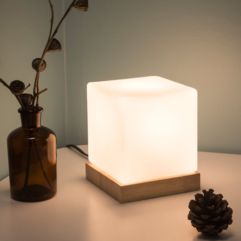 Cube Table Light Nordic Style White Glass Single Nightstand Lighting with Wooden Base White Clearhalo 'Lamps' 'Table Lamps' Lighting' 2228664