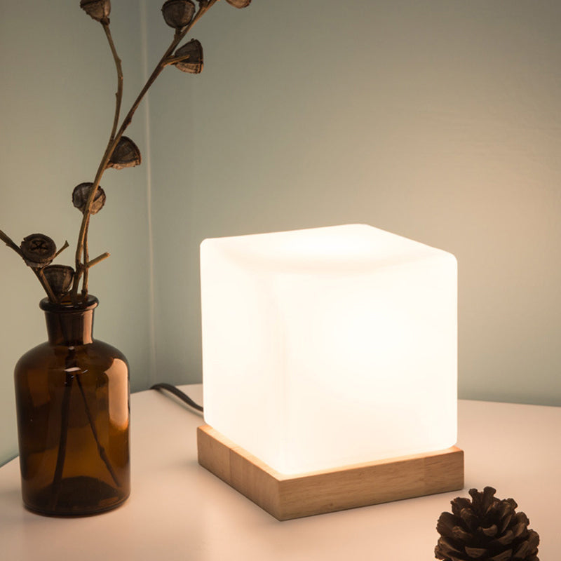 Cube Table Light Nordic Style White Glass Single Nightstand Lighting with Wooden Base Clearhalo 'Lamps' 'Table Lamps' Lighting' 2228665