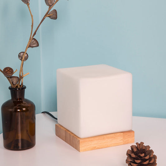 Cube Table Light Nordic Style White Glass Single Nightstand Lighting with Wooden Base Clearhalo 'Lamps' 'Table Lamps' Lighting' 2228667