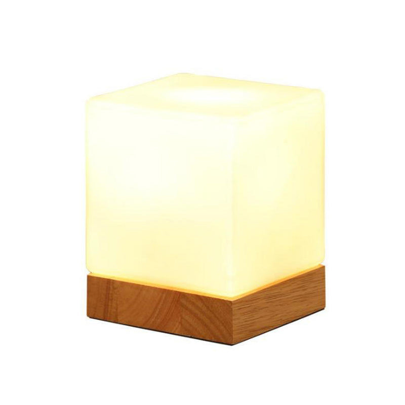 Cube Table Light Nordic Style White Glass Single Nightstand Lighting with Wooden Base Clearhalo 'Lamps' 'Table Lamps' Lighting' 2228668