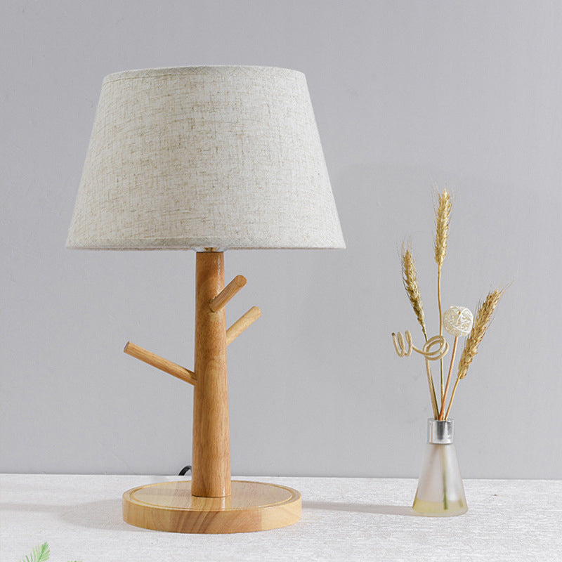 Wood Tree Branch Nightstand Lamp Minimalist 1 Head Bedside Table Lighting with Tapered Fabric Shade in White Clearhalo 'Lamps' 'Table Lamps' Lighting' 2228680