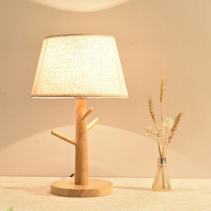 Wood Tree Branch Nightstand Lamp Minimalist 1 Head Bedside Table Lighting with Tapered Fabric Shade in White White Clearhalo 'Lamps' 'Table Lamps' Lighting' 2228681