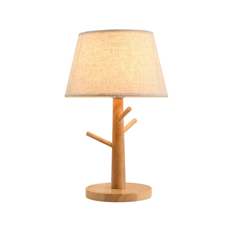 Wood Tree Branch Nightstand Lamp Minimalist 1 Head Bedside Table Lighting with Tapered Fabric Shade in White Clearhalo 'Lamps' 'Table Lamps' Lighting' 2228683