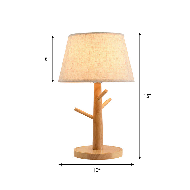 Wood Tree Branch Nightstand Lamp Minimalist 1 Head Bedside Table Lighting with Tapered Fabric Shade in White Clearhalo 'Lamps' 'Table Lamps' Lighting' 2228684