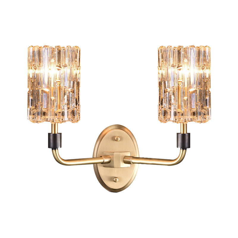 1/2-Head Bedside Wall Sconce Contemporary Style Brass Wall Lighting with Cylinder Clear Crystal Shade Clearhalo 'Cast Iron' 'Glass' 'Industrial' 'Modern wall lights' 'Modern' 'Tiffany' 'Traditional wall lights' 'Wall Lamps & Sconces' 'Wall Lights' Lighting' 222875