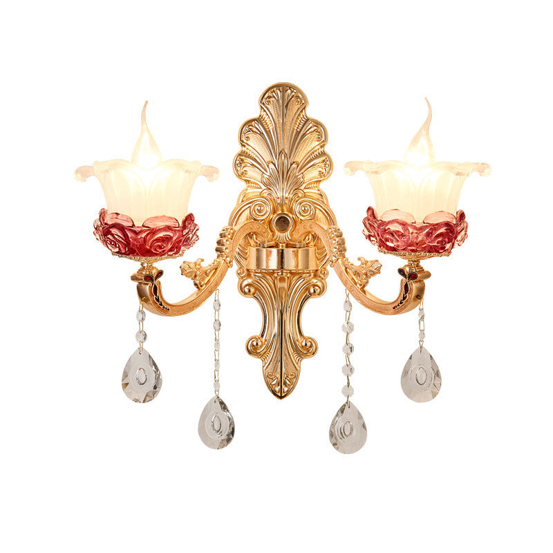 Flower Milk Glass Wall Sconce Vintage Style 1/2-Light Brass Finish Wall Mount Light with Clear Crystal Decoration Clearhalo 'Cast Iron' 'Glass' 'Industrial' 'Modern wall lights' 'Modern' 'Tiffany' 'Traditional wall lights' 'Wall Lamps & Sconces' 'Wall Lights' Lighting' 222881