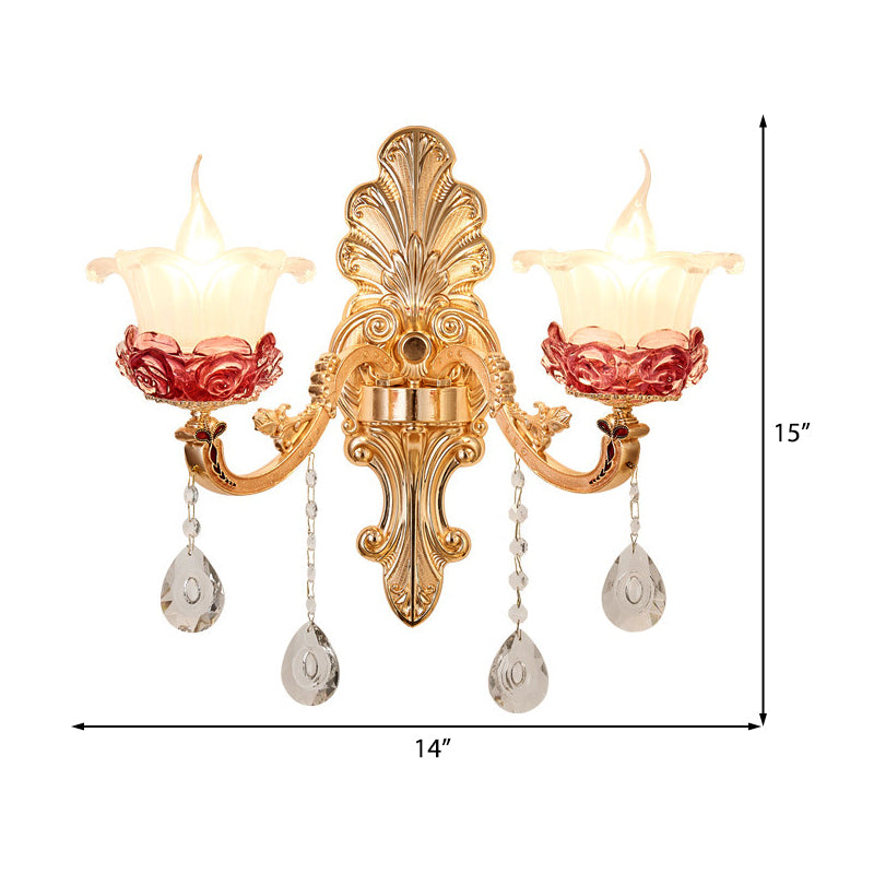 Flower Milk Glass Wall Sconce Vintage Style 1/2-Light Brass Finish Wall Mount Light with Clear Crystal Decoration Clearhalo 'Cast Iron' 'Glass' 'Industrial' 'Modern wall lights' 'Modern' 'Tiffany' 'Traditional wall lights' 'Wall Lamps & Sconces' 'Wall Lights' Lighting' 222882