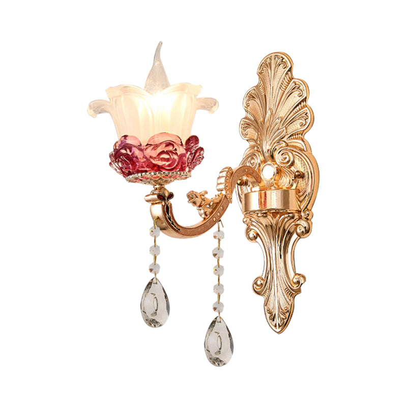 Flower Milk Glass Wall Sconce Vintage Style 1/2-Light Brass Finish Wall Mount Light with Clear Crystal Decoration Clearhalo 'Cast Iron' 'Glass' 'Industrial' 'Modern wall lights' 'Modern' 'Tiffany' 'Traditional wall lights' 'Wall Lamps & Sconces' 'Wall Lights' Lighting' 222884