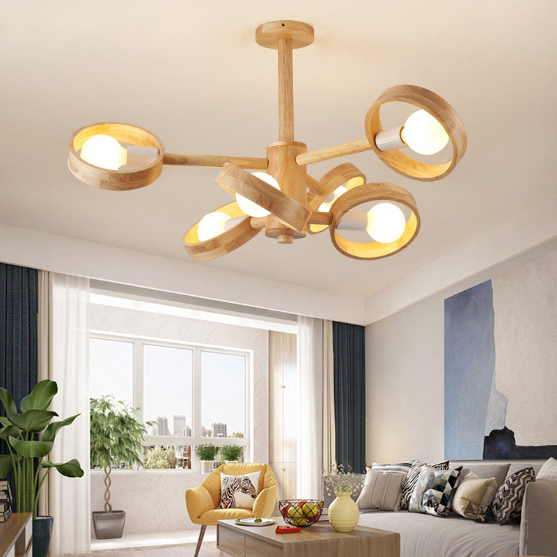 Circular Shaped Ceiling Lighting Contemporary Wood Living Room Chandelier Light Fixture 6 Wood Clearhalo 'Carpenter Chandeliers' 'Ceiling Lights' 'Chandeliers' 'Industrial' 'Modern Chandeliers' 'Modern' Lighting' 2228844