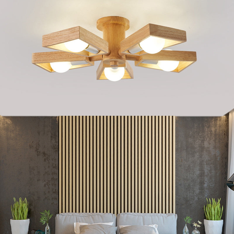 Wood Trapezoid Chandelier Pendant Light Japanese Living Room Pendant Light Fixture 5 Wood Clearhalo 'Carpenter Chandeliers' 'Ceiling Lights' 'Chandeliers' 'Industrial' 'Modern Chandeliers' 'Modern' Lighting' 2228849