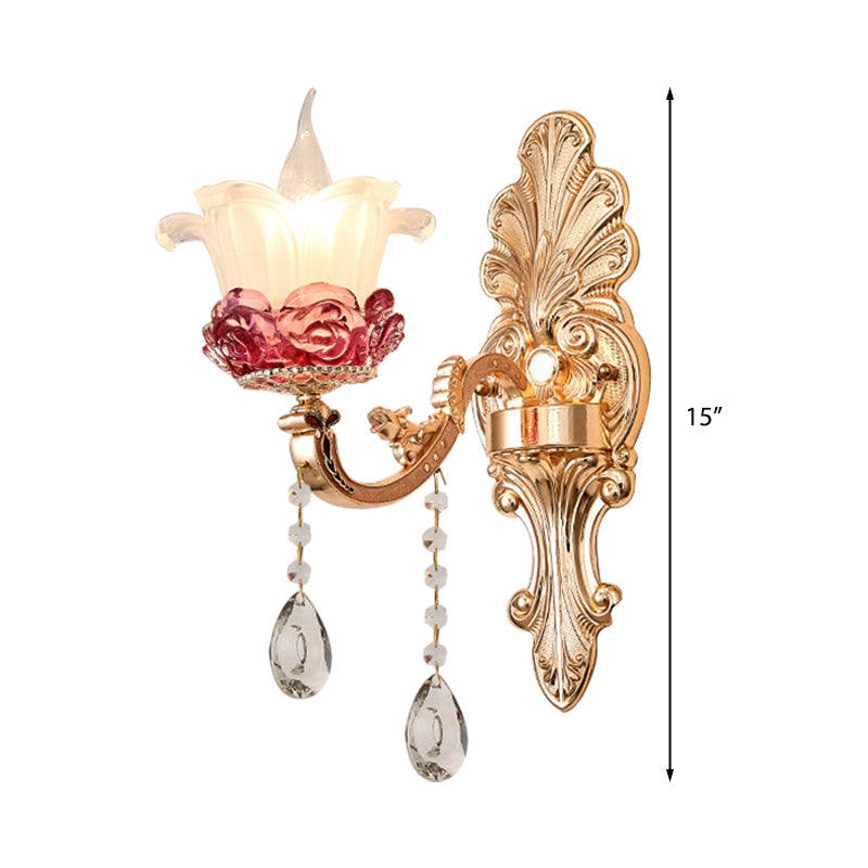 Flower Milk Glass Wall Sconce Vintage Style 1/2-Light Brass Finish Wall Mount Light with Clear Crystal Decoration Clearhalo 'Cast Iron' 'Glass' 'Industrial' 'Modern wall lights' 'Modern' 'Tiffany' 'Traditional wall lights' 'Wall Lamps & Sconces' 'Wall Lights' Lighting' 222885