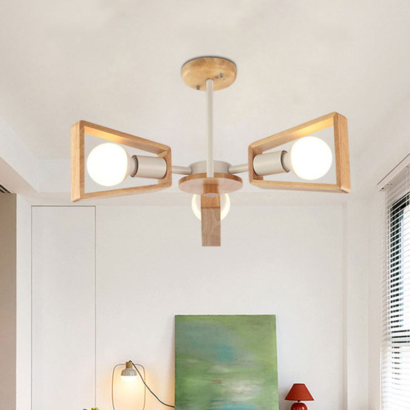 Trapezoid Frame Living Room Suspension Light Wood Minimalist Chandelier Lighting Fixture 3 White Clearhalo 'Carpenter Chandeliers' 'Ceiling Lights' 'Chandeliers' 'Industrial' 'Modern Chandeliers' 'Modern' Lighting' 2228866