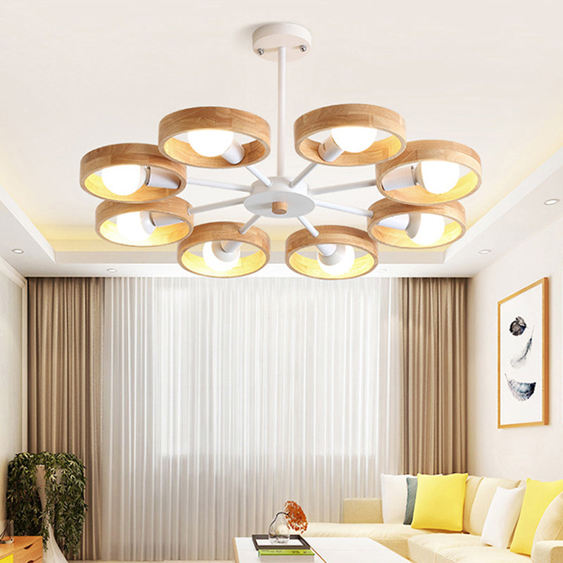 Simplicity Circle Shaped Chandelier Lighting Wooden Bedroom Pendant Light Fixture 8 White Clearhalo 'Carpenter Chandeliers' 'Ceiling Lights' 'Chandeliers' 'Industrial' 'Modern Chandeliers' 'Modern' Lighting' 2228868