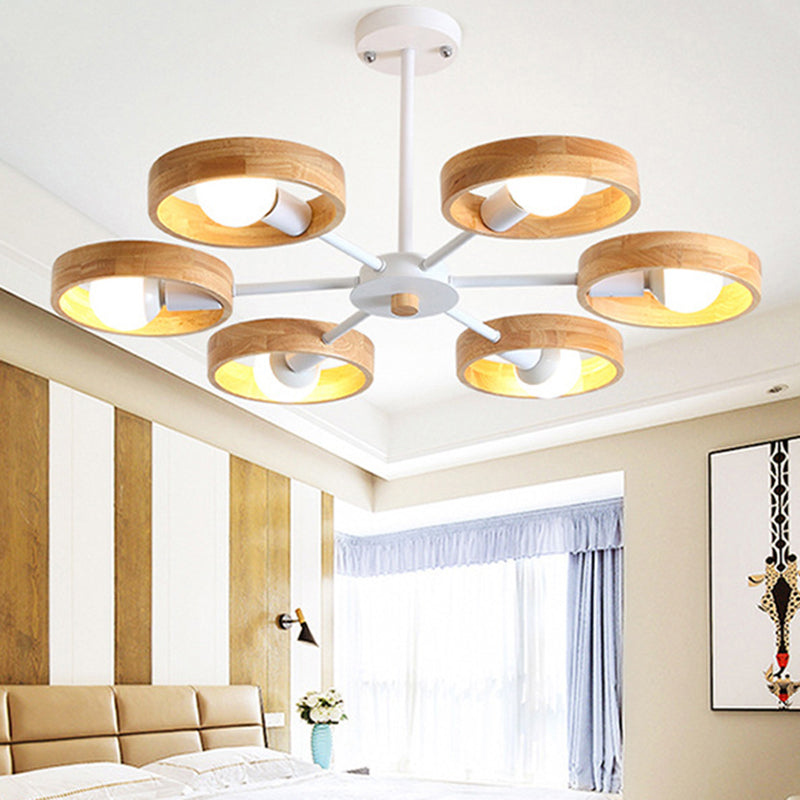 Simplicity Circle Shaped Chandelier Lighting Wooden Bedroom Pendant Light Fixture 6 White Clearhalo 'Carpenter Chandeliers' 'Ceiling Lights' 'Chandeliers' 'Industrial' 'Modern Chandeliers' 'Modern' Lighting' 2228873