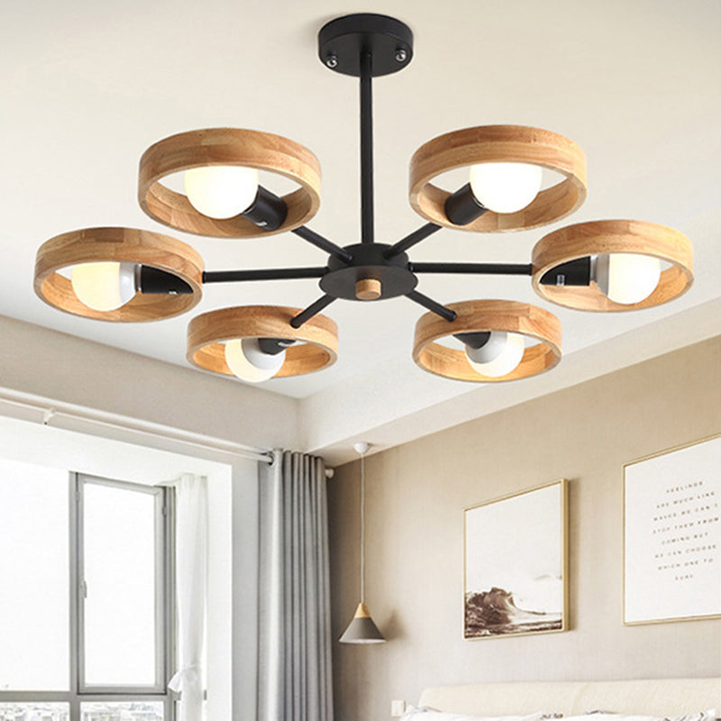 Simplicity Circle Shaped Chandelier Lighting Wooden Bedroom Pendant Light Fixture 6 Black Clearhalo 'Carpenter Chandeliers' 'Ceiling Lights' 'Chandeliers' 'Industrial' 'Modern Chandeliers' 'Modern' Lighting' 2228875