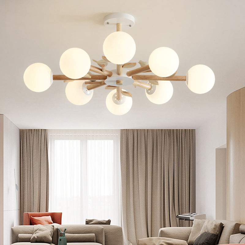 Modern Style Globe Chandelier Light Opal Glass Living Room Pendant Light Fixture in Wood 8 Wood Clearhalo 'Carpenter Chandeliers' 'Ceiling Lights' 'Chandeliers' 'Industrial' 'Modern Chandeliers' 'Modern' Lighting' 2228892