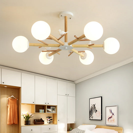 Modern Style Globe Chandelier Light Opal Glass Living Room Pendant Light Fixture in Wood Clearhalo 'Carpenter Chandeliers' 'Ceiling Lights' 'Chandeliers' 'Industrial' 'Modern Chandeliers' 'Modern' Lighting' 2228893