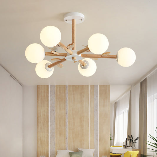 Modern Style Globe Chandelier Light Opal Glass Living Room Pendant Light Fixture in Wood Clearhalo 'Carpenter Chandeliers' 'Ceiling Lights' 'Chandeliers' 'Industrial' 'Modern Chandeliers' 'Modern' Lighting' 2228894