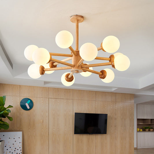 Modo Shaped Suspension Light Minimalist Cream Glass Bedroom Chandelier Light in Wood 12 Wood Clearhalo 'Carpenter Chandeliers' 'Ceiling Lights' 'Chandeliers' 'Industrial' 'Modern Chandeliers' 'Modern' Lighting' 2228895