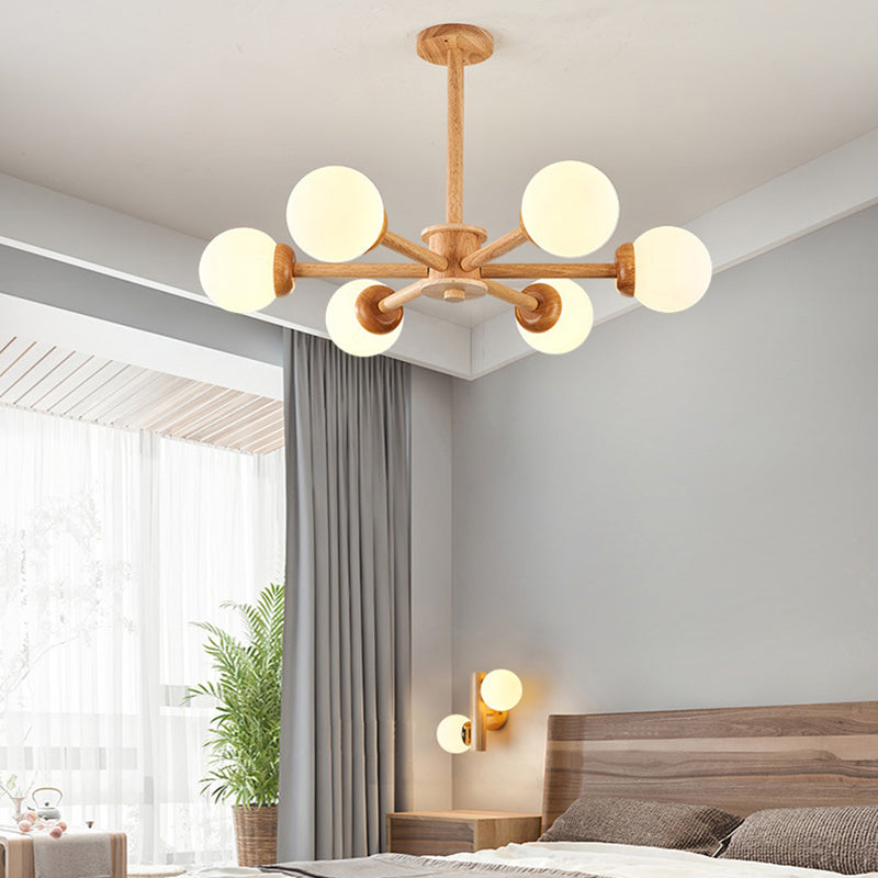 Modo Shaped Suspension Light Minimalist Cream Glass Bedroom Chandelier Light in Wood 6 Wood Clearhalo 'Carpenter Chandeliers' 'Ceiling Lights' 'Chandeliers' 'Industrial' 'Modern Chandeliers' 'Modern' Lighting' 2228896